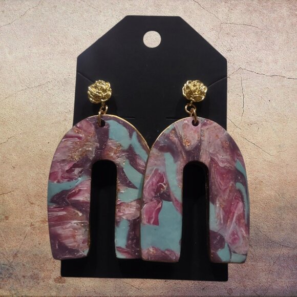 Handcrafted Marbled Blue & Purple Clay Arch Dangle Earrings - Picture 1 of 1